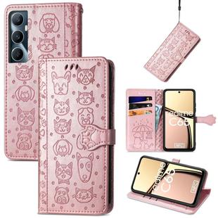 For Realme C65 Cat and Dog Embossed Leather Phone Case(Rose Gold)