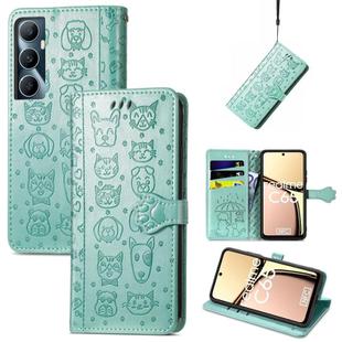 For Realme C65 Cat and Dog Embossed Leather Phone Case(Green)