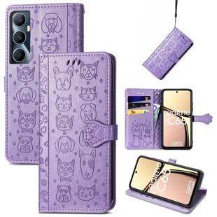 For Realme C65 Cat and Dog Embossed Leather Phone Case(Purple)