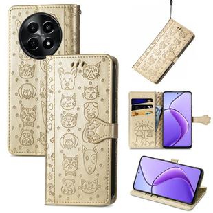 For Realme 12 Cat and Dog Embossed Leather Phone Case(Gold)