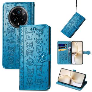 For Realme 14 Pro+ Cat and Dog Embossed Leather Phone Case(Blue)