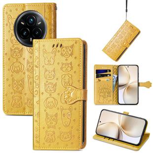 For Realme 14 Pro+ Cat and Dog Embossed Leather Phone Case(Yellow)
