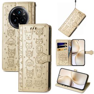 For Realme 14 Pro+ Cat and Dog Embossed Leather Phone Case(Gold)