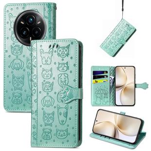 For Realme 14 Pro+ Cat and Dog Embossed Leather Phone Case(Green)