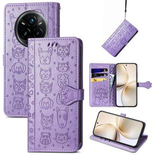 For Realme 14 Pro+ Cat and Dog Embossed Leather Phone Case(Purple)