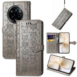 For Realme 14 Pro+ Cat and Dog Embossed Leather Phone Case(Gray)