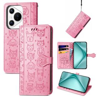 For Huawei Pura 70 Cat and Dog Embossed Leather Phone Case(Pink)