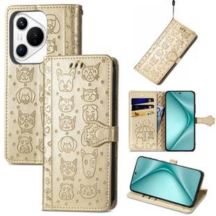 For Huawei Pura 70 Cat and Dog Embossed Leather Phone Case(Gold)
