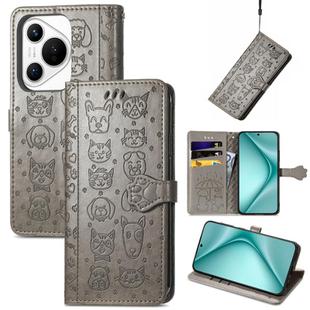 For Huawei Pura 70 Cat and Dog Embossed Leather Phone Case(Gray)