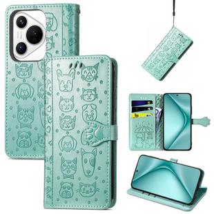 For Huawei Pura 70 Pro Cat and Dog Embossed Leather Phone Case(Green)