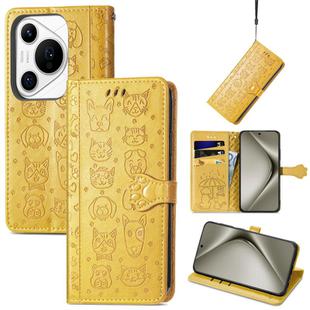 For Huawei Pura 70 Ultra Cat and Dog Embossed Leather Phone Case(Yellow)