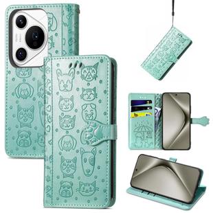 For Huawei Pura 70 Ultra Cat and Dog Embossed Leather Phone Case(Green)