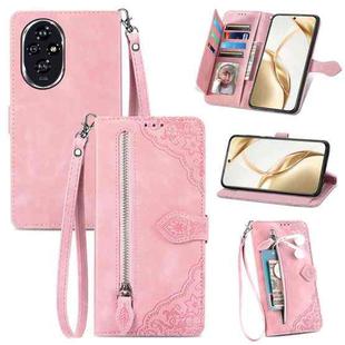 For Honor 200 Embossed Flower Zipper Leather Phone Case(Pink)