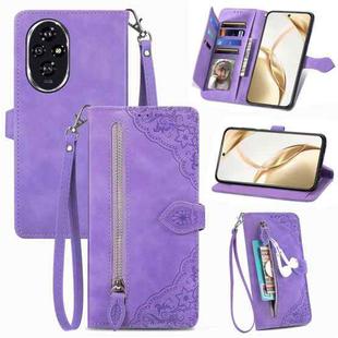 For Honor 200 Embossed Flower Zipper Leather Phone Case(Purple)