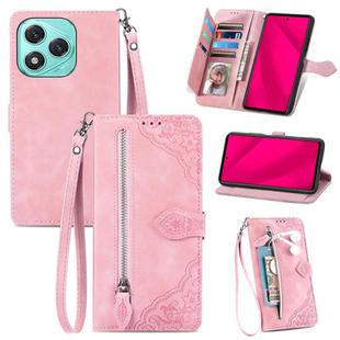 For Honor 400 Lite Embossed Flower Zipper Leather Phone Case(Pink)