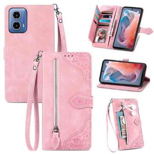 For Motorola Moto G Play 2024 Embossed Flower Zipper Leather Phone Case(Pink)