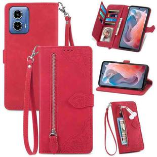 For Motorola Moto G Play 2024 Embossed Flower Zipper Leather Phone Case(Red)