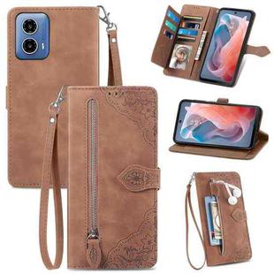 For Motorola Moto G Play 2024 Embossed Flower Zipper Leather Phone Case(Brown)