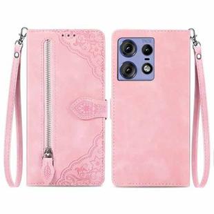 For Motorola Edge 50 Pro Embossed Flower Zipper Leather Phone Case(Pink)
