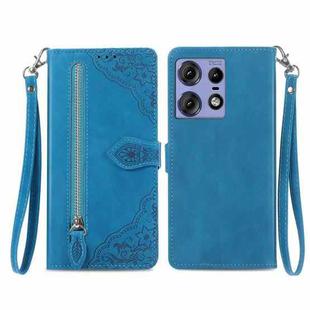 For Motorola Edge 50 Pro Embossed Flower Zipper Leather Phone Case(Blue)