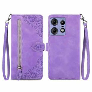 For Motorola Edge 50 Pro Embossed Flower Zipper Leather Phone Case(Purple)