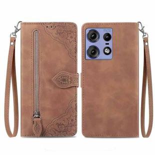 For Motorola Edge 50 Pro Embossed Flower Zipper Leather Phone Case(Brown)