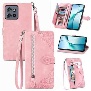 For Motorola Moto S50 Embossed Flower Zipper Leather Phone Case(Pink)