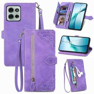 For Motorola Moto G75 5G Embossed Flower Zipper Leather Phone Case(Purple)