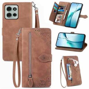 For Motorola Moto G75 5G Embossed Flower Zipper Leather Phone Case(Brown)