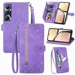 For Realme C65 Embossed Flower Zipper Leather Phone Case(Purple)