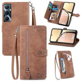 For Realme C65 Embossed Flower Zipper Leather Phone Case(Brown)