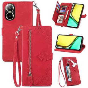 For Realme C67 4G Embossed Flower Zipper Leather Phone Case(Red)