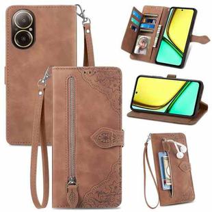 For Realme C67 4G Embossed Flower Zipper Leather Phone Case(Brown)