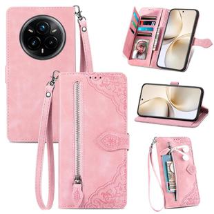 For Realme 14 Pro+ Embossed Flower Zipper Leather Phone Case(Pink)