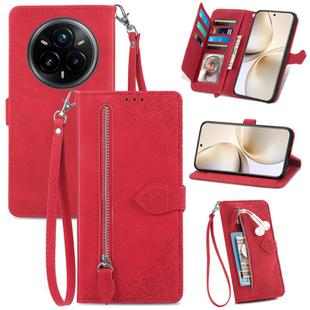 For Realme 14 Pro+ Embossed Flower Zipper Leather Phone Case(Red)