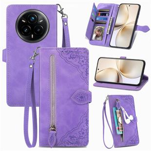 For Realme 14 Pro+ Embossed Flower Zipper Leather Phone Case(Purple)