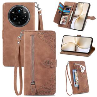 For Realme 14 Pro+ Embossed Flower Zipper Leather Phone Case(Brown)