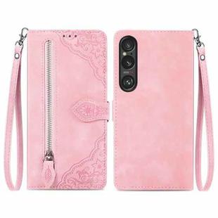 For Sony Xperia 1 VI Embossed Flower Zipper Leather Phone Case(Pink)