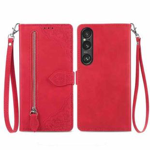 For Sony Xperia 1 VI Embossed Flower Zipper Leather Phone Case(Red)