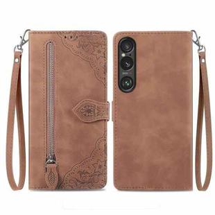 For Sony Xperia 1 VI Embossed Flower Zipper Leather Phone Case(Brown)