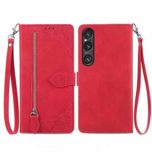 For Sony Xperia 5 VI Embossed Flower Zipper Leather Phone Case(Red)