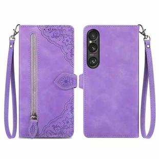 For Sony Xperia 10 VI Embossed Flower Zipper Leather Phone Case(Purple)