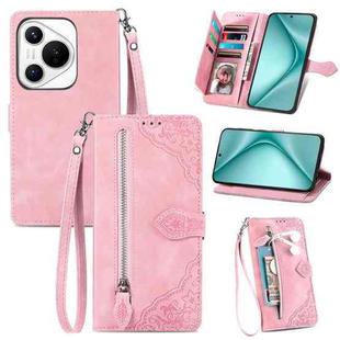 For Huawei Pura 70 Embossed Flower Zipper Leather Phone Case(Pink)