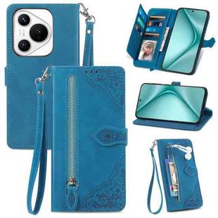 For Huawei Pura 70 Embossed Flower Zipper Leather Phone Case(Blue)