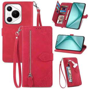 For Huawei Pura 70 Pro+ Embossed Flower Zipper Leather Phone Case(Red)