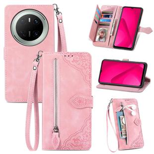 For Huawei Mate 70 Embossed Flower Zipper Leather Phone Case(Pink)