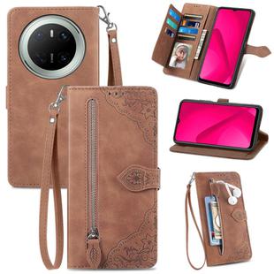 For Huawei Mate 70 Embossed Flower Zipper Leather Phone Case(Brown)