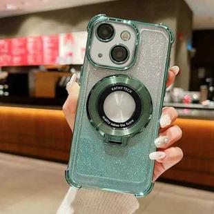 For iPhone 15 Plus Invisible Holder Gradient Glitter Magsafe Phone Case(Pine Green)