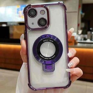 For iPhone 15 Plus Ultra-thin Electroplated Holder Magsafe Phone Case(Purple)