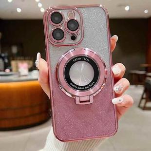 For iPhone 15 Pro Electroplated Holder Gradient Glitter Magsafe Phone Case(Pink)